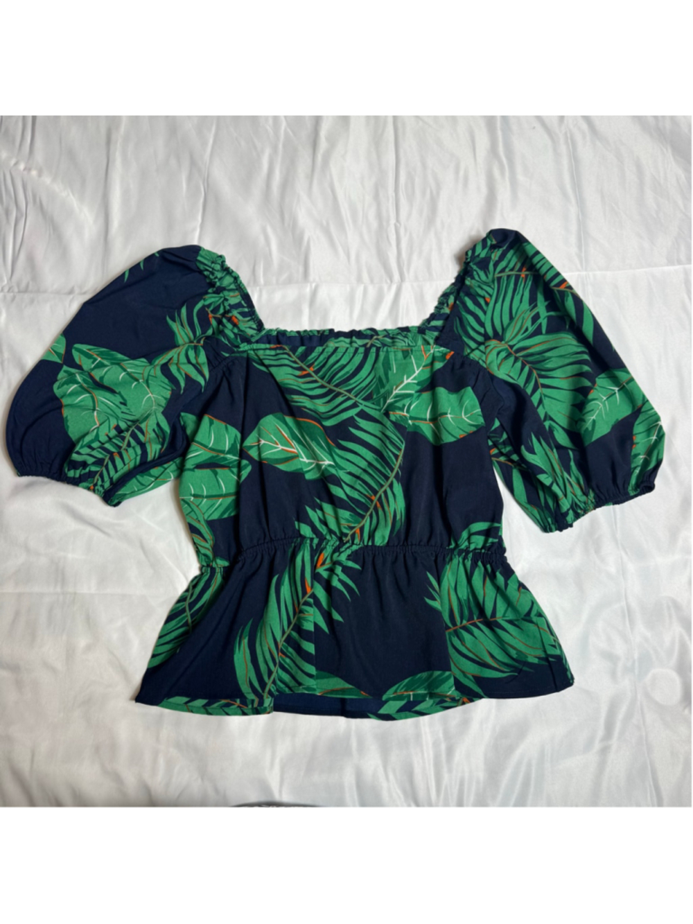 Women's Self Tropical Leaf Print Peplum Blouse, Size L, Navy and Green